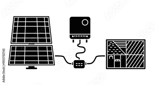 An illustration showing solar panels connected to an inverter on transparent background