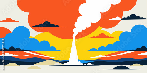 Old Faithful Eruption at Sunrise – Colorful Sky Panorama, Minimal Clean Flat Vector Design, Iconic Yellowstone National Park Landmark, United States