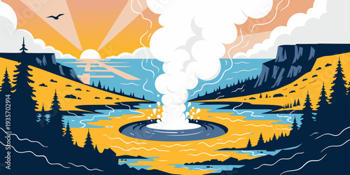 Yellowstone Geyser Eruption at Sunrise – Steam Rising Over Landscape, Ultra‑Wide Flat Vector Panorama, Iconic National Park Scene, United States