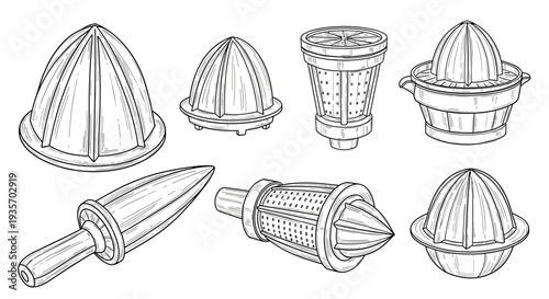 A collection of citrus juicer gadgets and accessories on transparent background