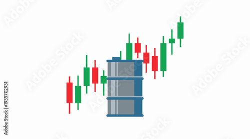 Oil barrel with rising stock market graph and candlestick chart.