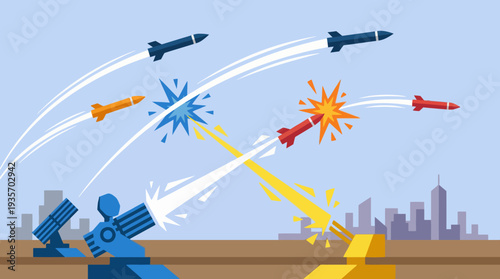 Colorful cartoon illustration of missile defense system intercepting rockets.