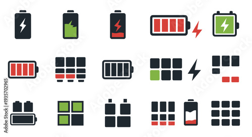 A collection of various battery level icons depicting different charge statuses on transparent background
