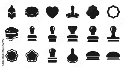 A collection of black icons representing various objects and symbols on transparent background