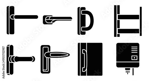 A collection of black and white icons depicting various plumbing and heating fixtures on transparent background