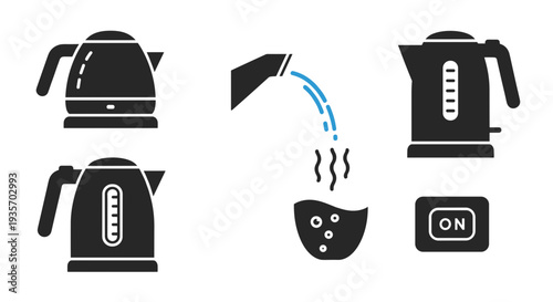 A series of black and white icons illustrating electric kettle boiling water on transparent background