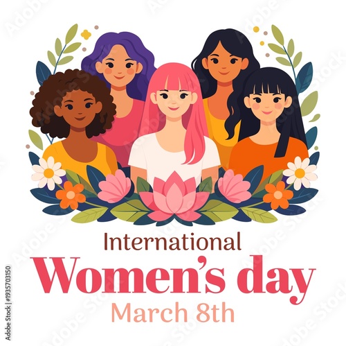 International Women’s Day flat illustration with diverse women portrait floral design March 8th celebration poster