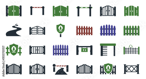 Various garden and park fence icons arranged in a grid on transparent background
