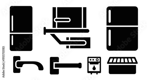 A collection of black and white kitchen appliances and utensils on transparent background