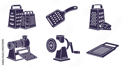 A collection of various kitchen utensils and grater tools on transparent background