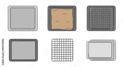 A set of six different baking trays and pans on transparent background