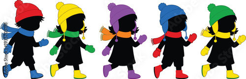 Five cartoon children walking in winter clothing with colorful hats and scarves kids