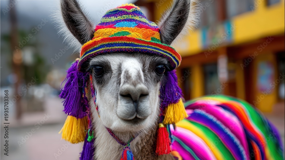 Obraz premium Colorful Peruvian Llama Wearing Traditional Knitted Hat and Tassels