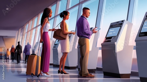 Travelers Using Self-Service Kiosks at a Modern Airport Terminal