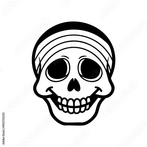 Black and white illustration of a smiling skull wearing a bandana.