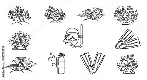 A collection of scuba diving equipment and coral illustrations on transparent background