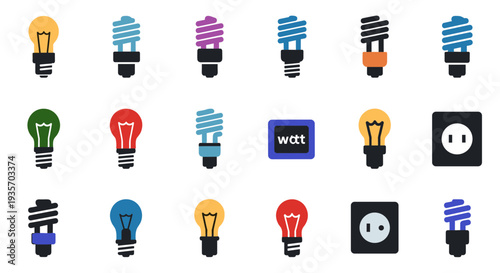 A collection of colorful LED light bulb icons on transparent background