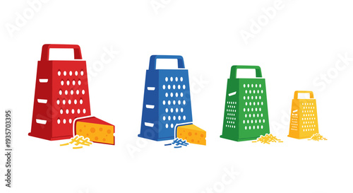 Colorful cheese graters in varying sizes and colors displayed on transparent background