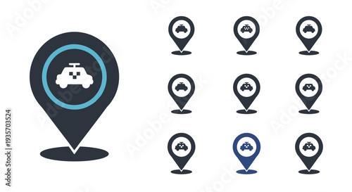 A collection of location pins with one highlighted on transparent background