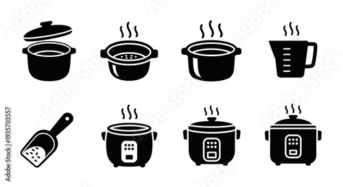 A collection of seven different kitchen appliances and utensils on transparent background