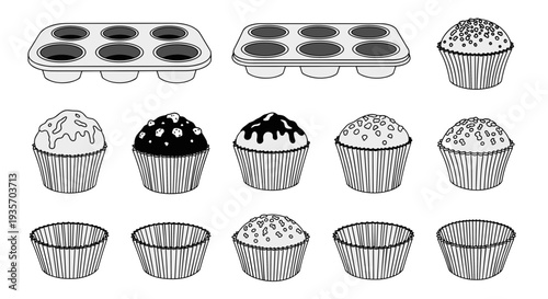 A variety of colorful cupcakes arranged in a grid pattern on transparent background