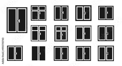 A collection of different door and window designs displayed in a grid on transparent background