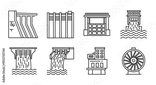 A series of technical line drawings illustrating different types of dam structures on transparent background