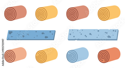 Colored wooden and foam pool noodles arranged in pattern on transparent background