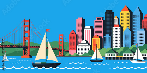 San Francisco Skyline with Sailboats – Bayfront Cityscape, Ultra‑Wide Flat Vector Illustration, Iconic California Waterfront Scene, United States
