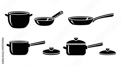 Set of black cookware including pots and pans arranged on a white background for display on transparent background