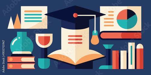Education concept with graduation cap books and scientific equipment