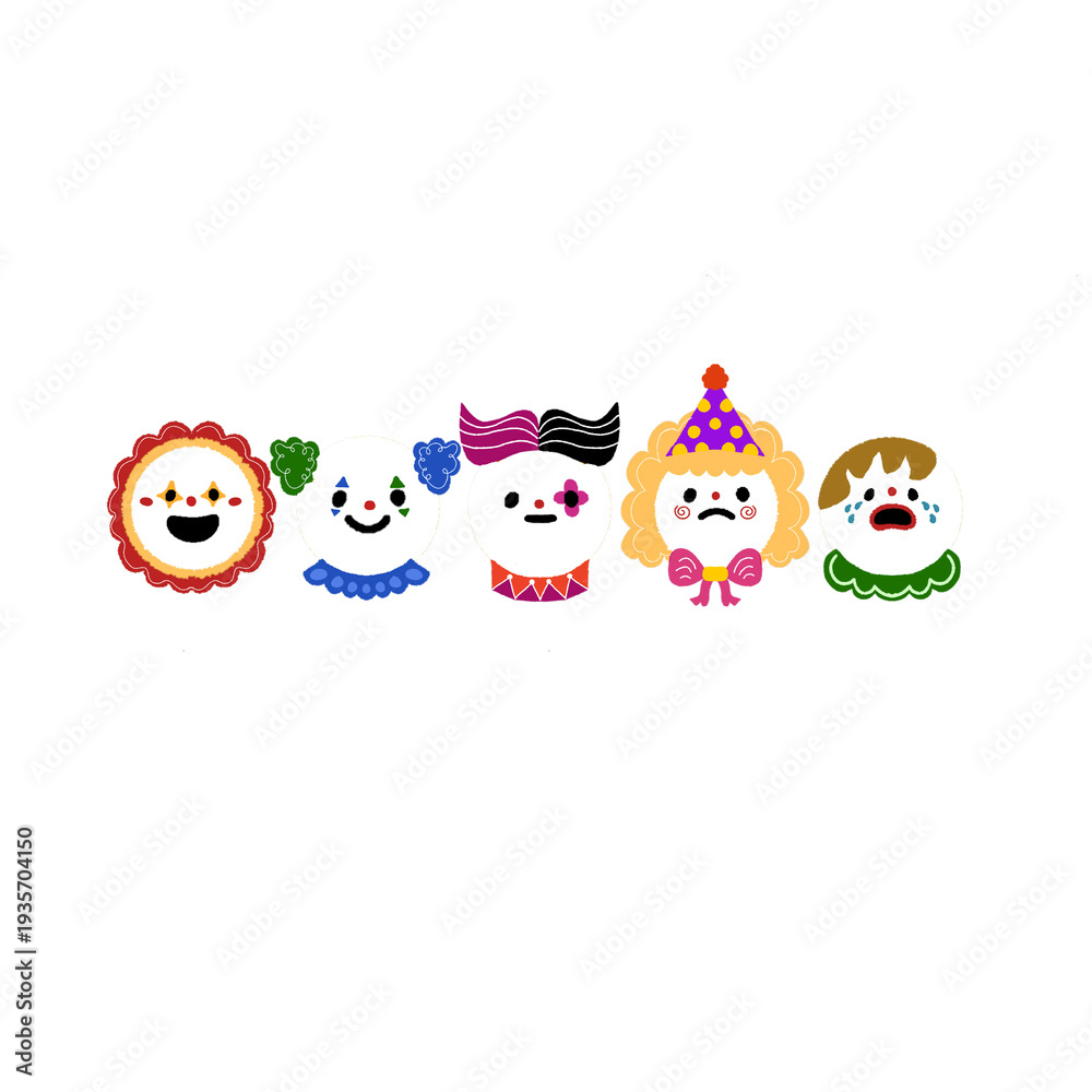 Fototapeta premium Cute Colorful Clown Faces Set – Funny Cartoon Circus Characters Collection