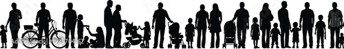 Black silhouettes of people walking with bicycle stroller crowd family