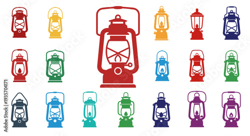 A variety of colorful vintage lanterns arranged in a pattern on transparent background