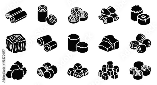 A collection of black and white silhouettes of various wooden logs and blocks on transparent background