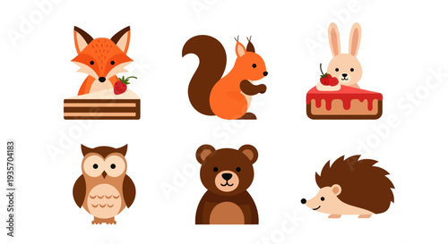 Cartoon forest animals with cakes