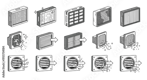 A step-by-step illustration demonstrating how to clean air filters on transparent background
