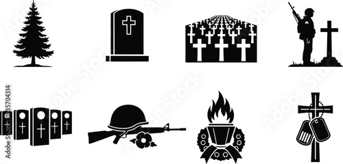 Military and memorial icon set for veterans and war remembrance