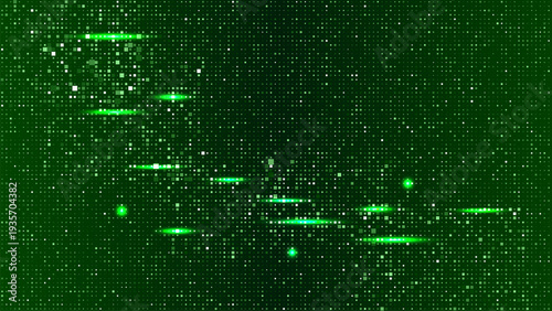 Abstract digital art with green glowing dots and lines on transparency background, creating futuristic and dynamic feel