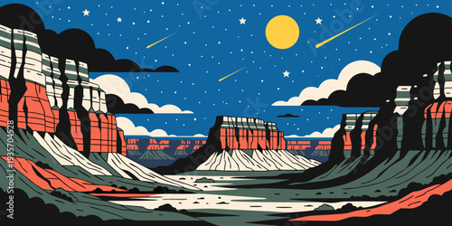 Grand Canyon Starry Night – Deep Blue Sky Over Canyon Cliffs, Ultra‑Wide Flat Vector Illustration, Iconic Southwest Desert Landscape, United States