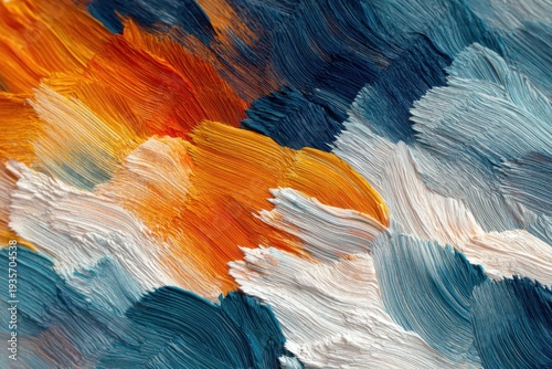 Textured brush strokes in orange blue and white abstract