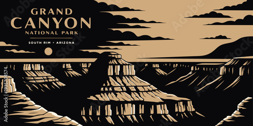 Luxury Grand Canyon Black & Gold – Minimalist Panoramic Vector Poster, Elegant Layered Cliff Silhouette, Iconic Southwest Desert Landmark, United States
