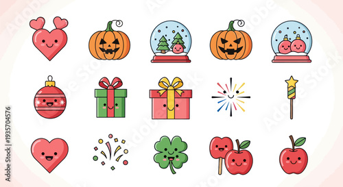 Cartoon holiday icons and symbols