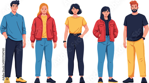 Five cartoon people standing in casual clothes
