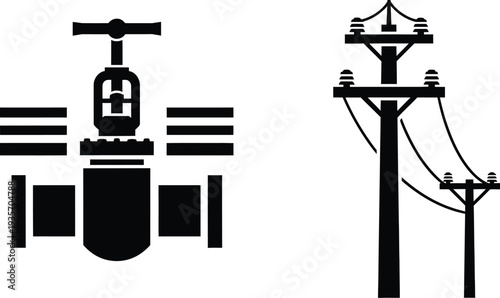 Black and white illustration of a transformer and power pole with wires