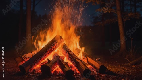 Campfire Burning Brightly in Dark Forest at Night with Sparks