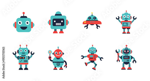 Cartoon robots collection isolated on white