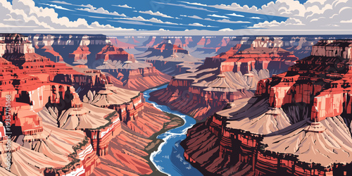 Grand Canyon Aerial View – Colorado River Winding Through Canyon, Ultra‑Wide Vector Illustration, Majestic Southwest Landscape, United States