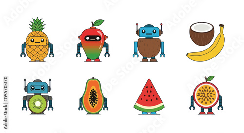 Cartoon robots as colorful fruit characters
