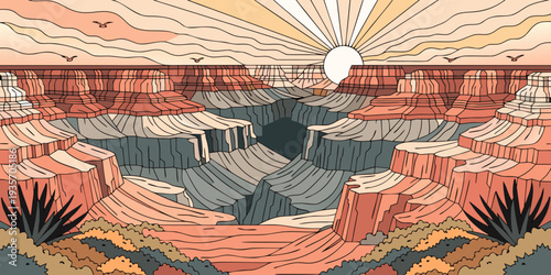 Grand Canyon Golden Hour Glow – Soft Pastel Desert Tones, Ultra‑Wide Flat Vector Banner, Iconic Southwest Canyon Landscape, United States